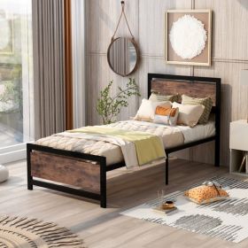 Metal and Wood Bed Frame with Headboard and Footboard ; Twin Size Platform Bed ; No Box Spring Needed; Easy to Assemble(BLACK)