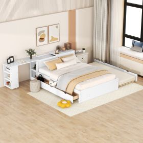 Full Size Platform Bed With a Rolling Shelf (Color: White)