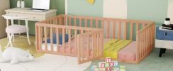 Twin Size Wood Floor Bed Frame with Fence and Door