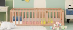 Twin Size Wood Floor Bed Frame with Fence and Door